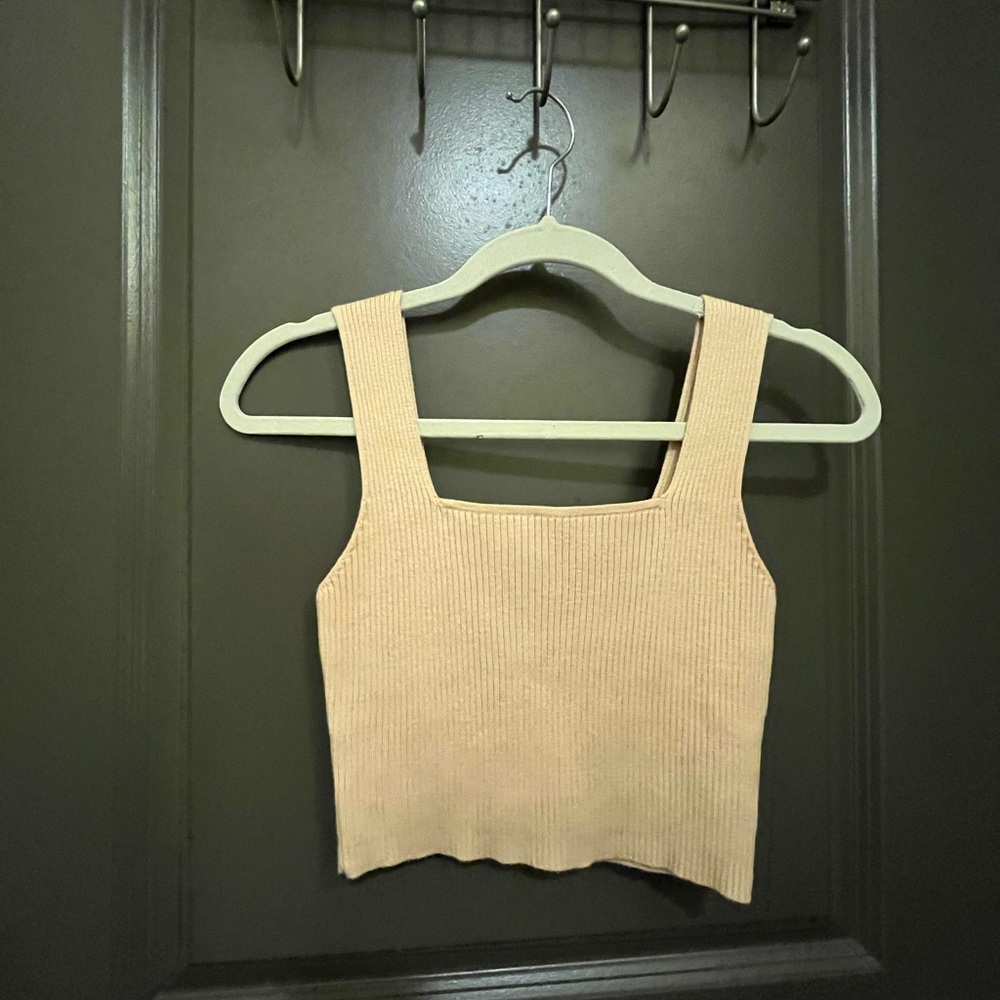 Beige Ribbed Square Neck Crop Top